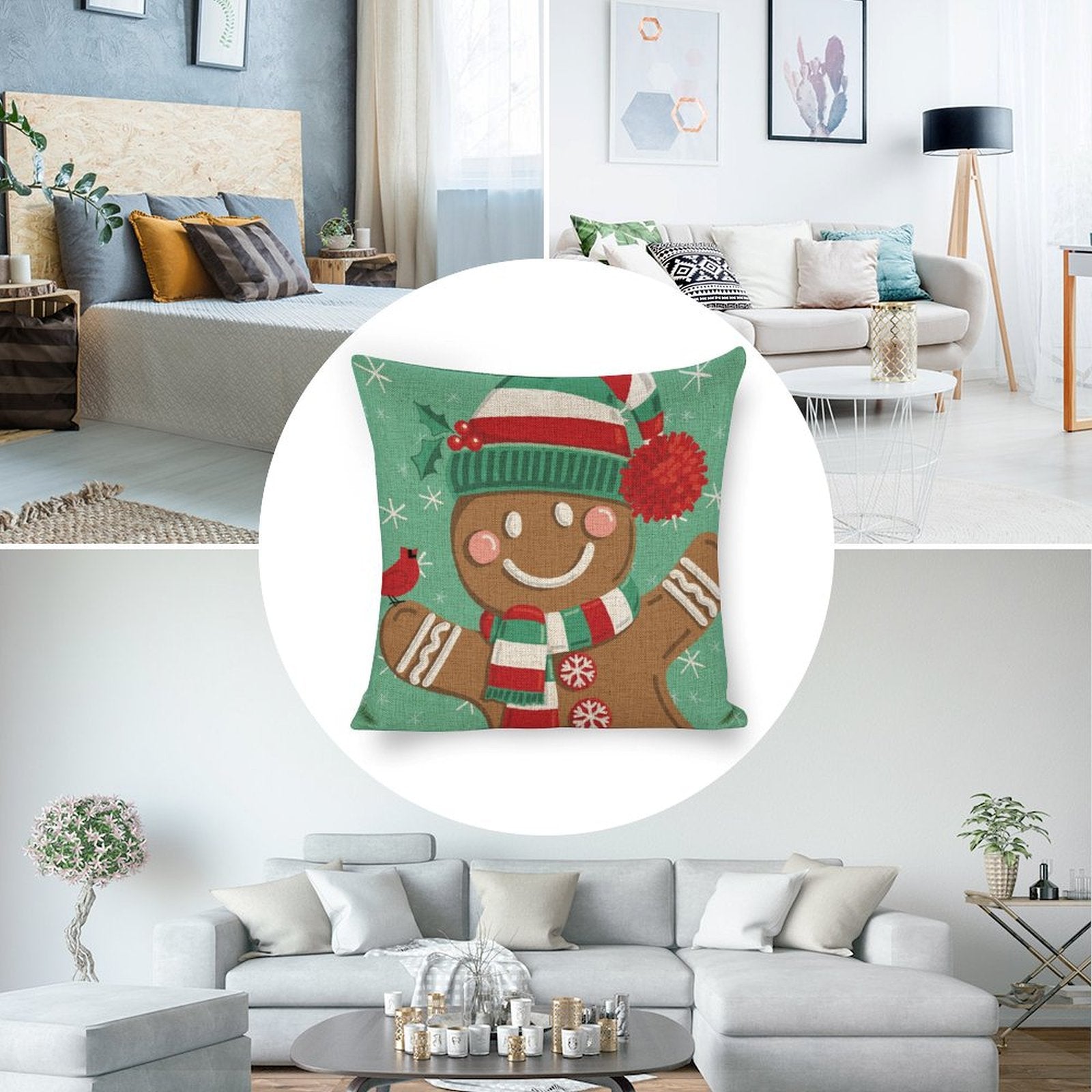Christmas linen pillow cover with gingerbread man design, holiday home decor, 18x18 inch square