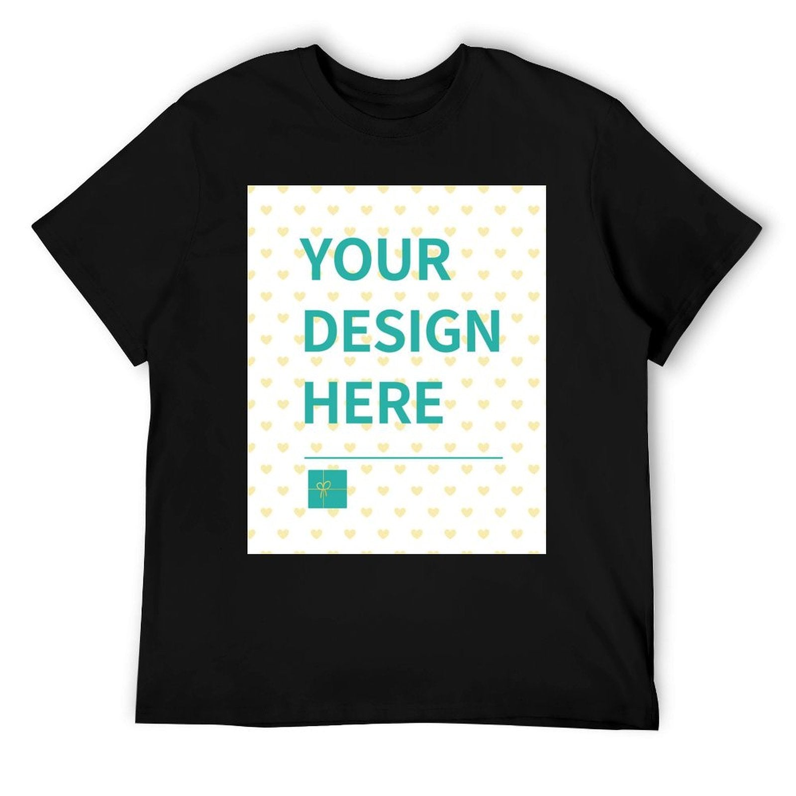 Black custom short sleeve t-shirt with "YOUR DESIGN HERE" design, customizable apparel from MyArtsyGift