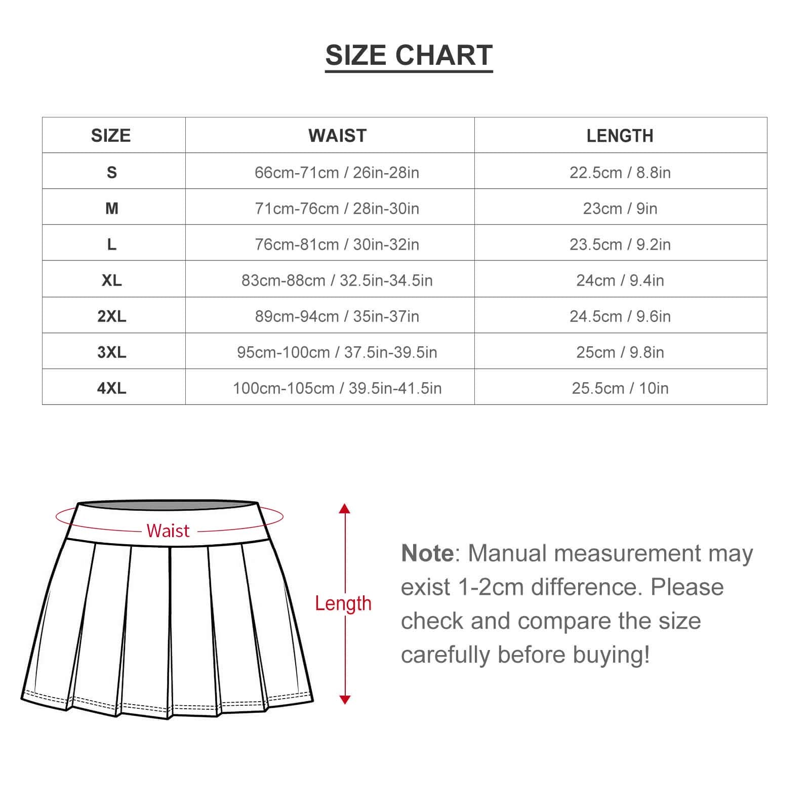 Cheerleader skirt size chart: waist and length measurements for sizes S-4XL, includes note about manual measurement.