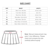 Cheerleader skirt size chart: waist and length measurements for sizes S-4XL, includes note about manual measurement.