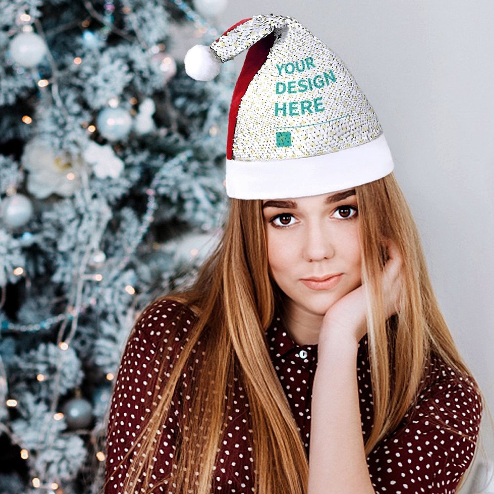 Custom sequin Santa hat with "YOUR DESIGN HERE" text, for holiday parties; MyArtsyGift product.