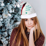 Custom sequin Santa hat with "YOUR DESIGN HERE" text, for holiday parties; MyArtsyGift product.