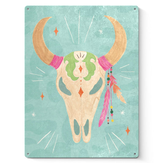 Cowgirl Club IV Tin Sign - Iron sign with cow skull, feathers on turquoise background, home decor.