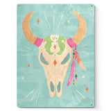 Cowgirl Club IV Tin Sign - Iron sign with cow skull, feathers on turquoise background, home decor.