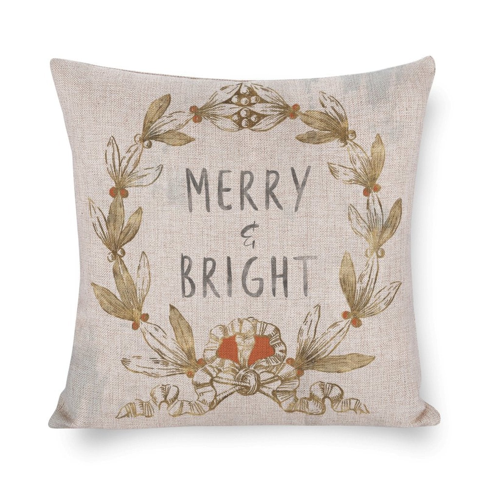 Christmas Pillow Cover with Merry & Bright text and gold leaves
