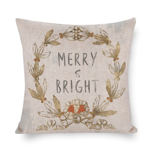 Christmas Pillow Cover with Merry & Bright text and gold leaves