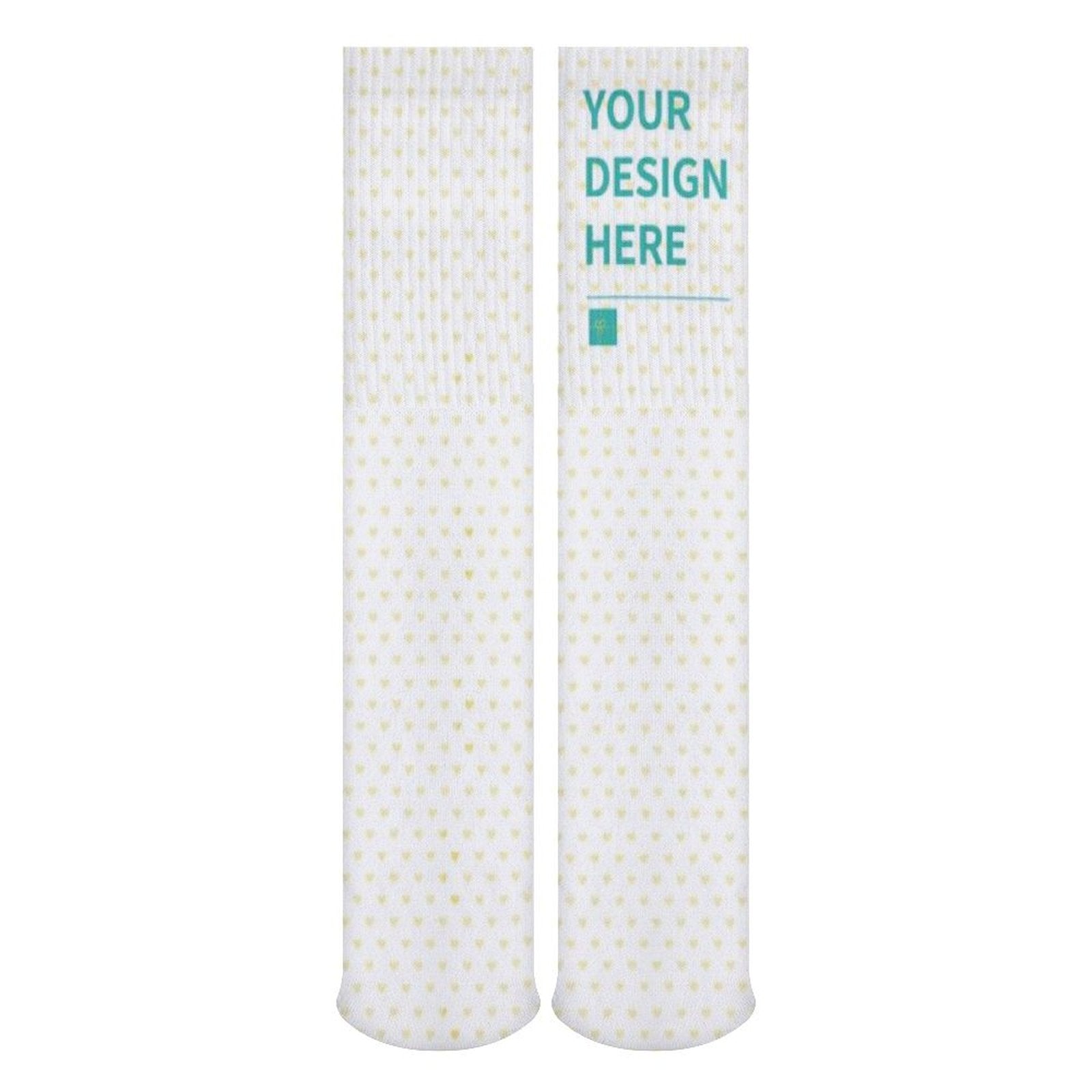 Customizable white knee-high socks with heart pattern and 'YOUR DESIGN HERE'; perfect gift