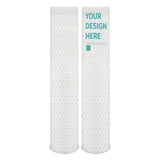 Customizable white knee-high socks with heart pattern and 'YOUR DESIGN HERE'; perfect gift