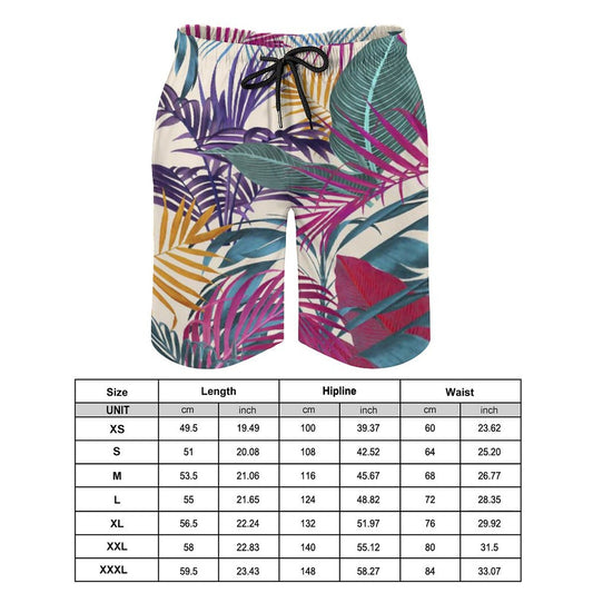 Men's Hawaiian swim trunks with tropical leaf print and size chart - quick-dry fabric