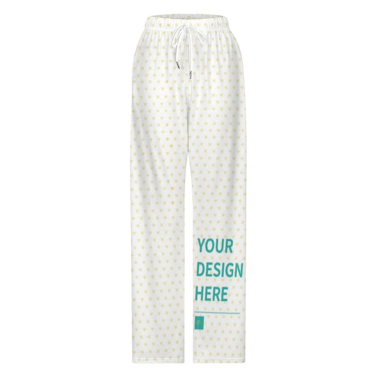Custom pajama pants with white hearts, personalized sleepwear with 'YOUR DESIGN HERE' at MyArtsyGift