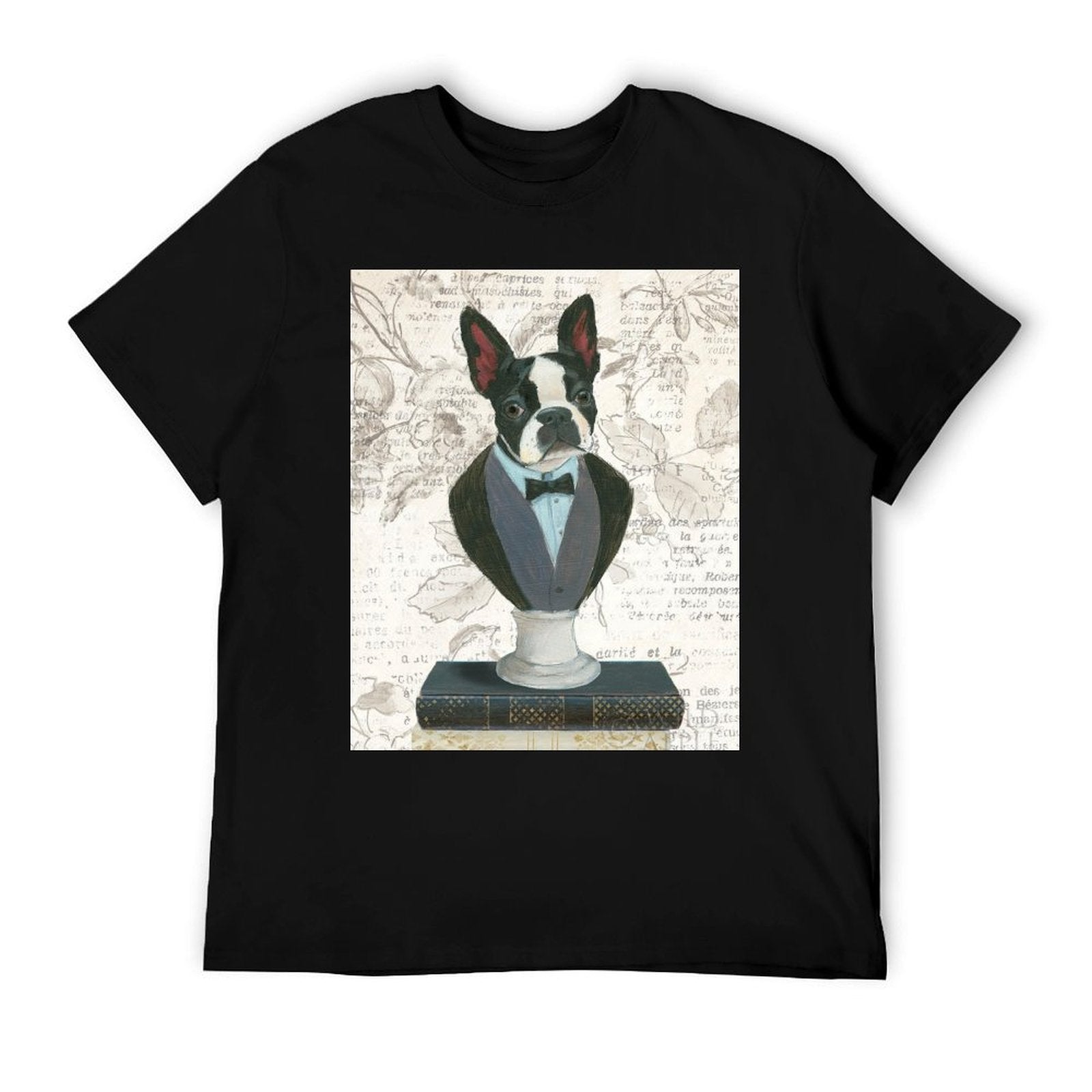Black cotton t-shirt featuring a Boston Terrier bust with formal attire, Canine Couture design, Made in USA