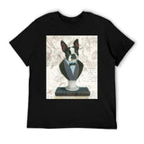 Black cotton t-shirt featuring a Boston Terrier bust with formal attire, Canine Couture design, Made in USA
