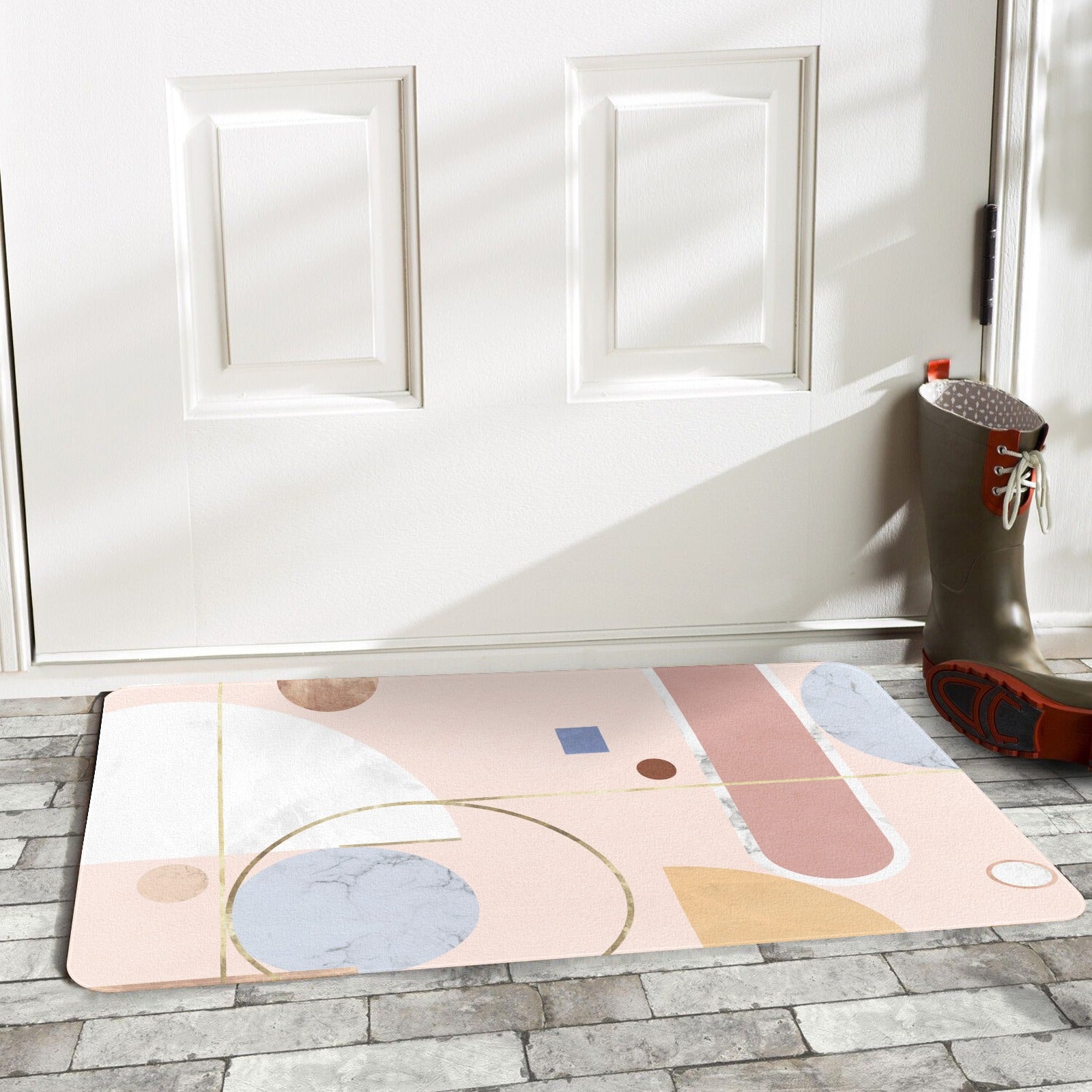 Pink abstract entrance doormat with geometric design, rubber backing for indoor/outdoor use, MyArtsyGift.com