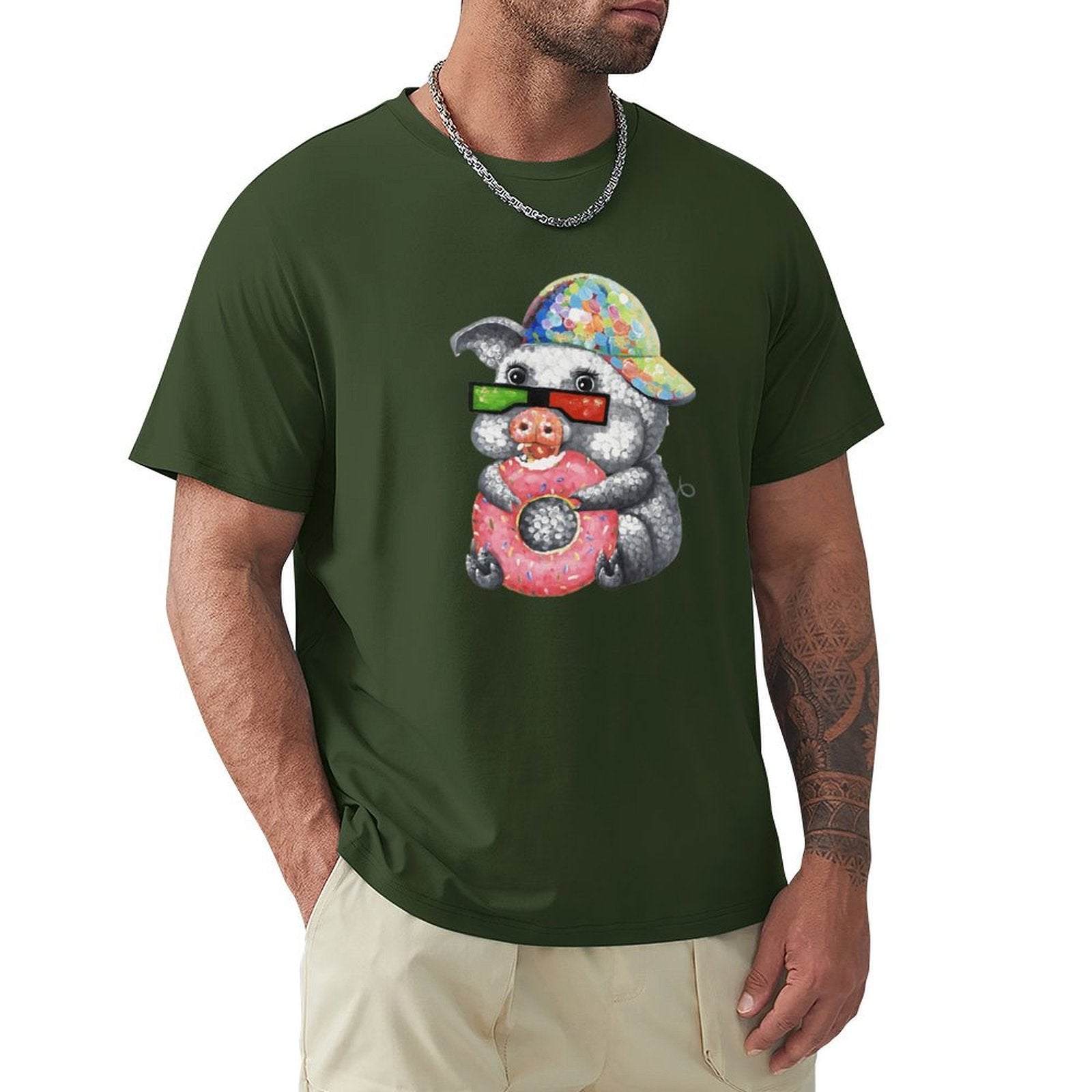 Men's green crew neck t-shirt with pig graphic holding a donut. MyArtsyGift, casual wear