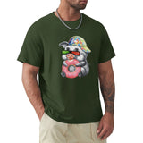 Men's green crew neck t-shirt with pig graphic holding a donut. MyArtsyGift, casual wear