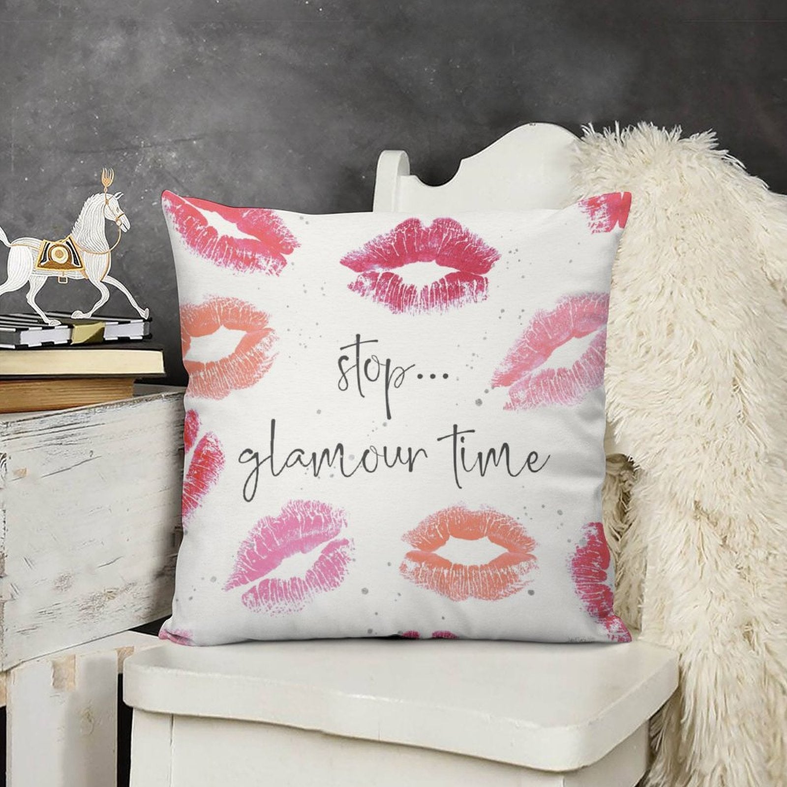 Luxury soft plush pillow cover with lip prints and 'stop... glamour time' text, perfect for the living room or bedroom.