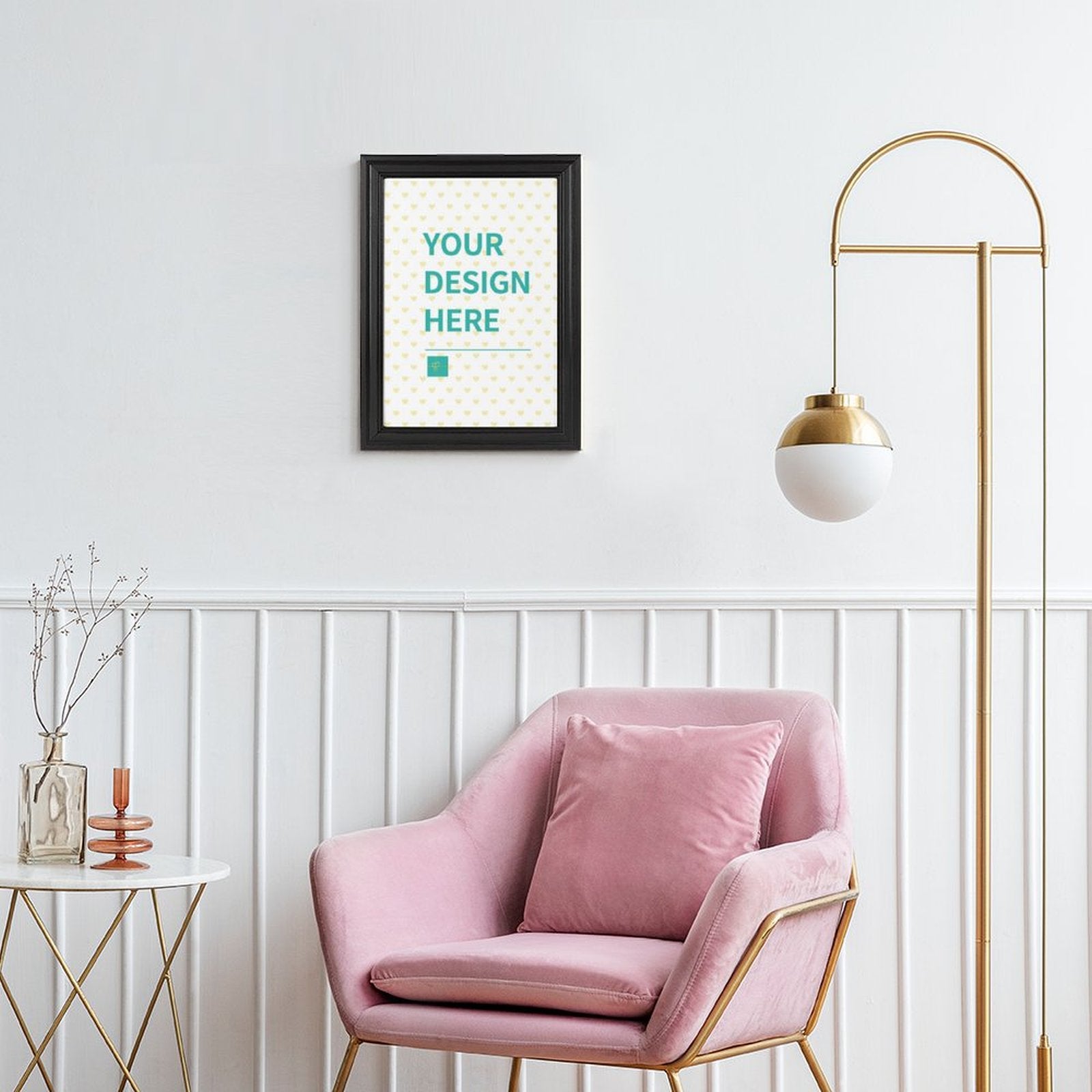 Custom canvas print with your design, black frame, pink velvet chair, personalized wall art gift