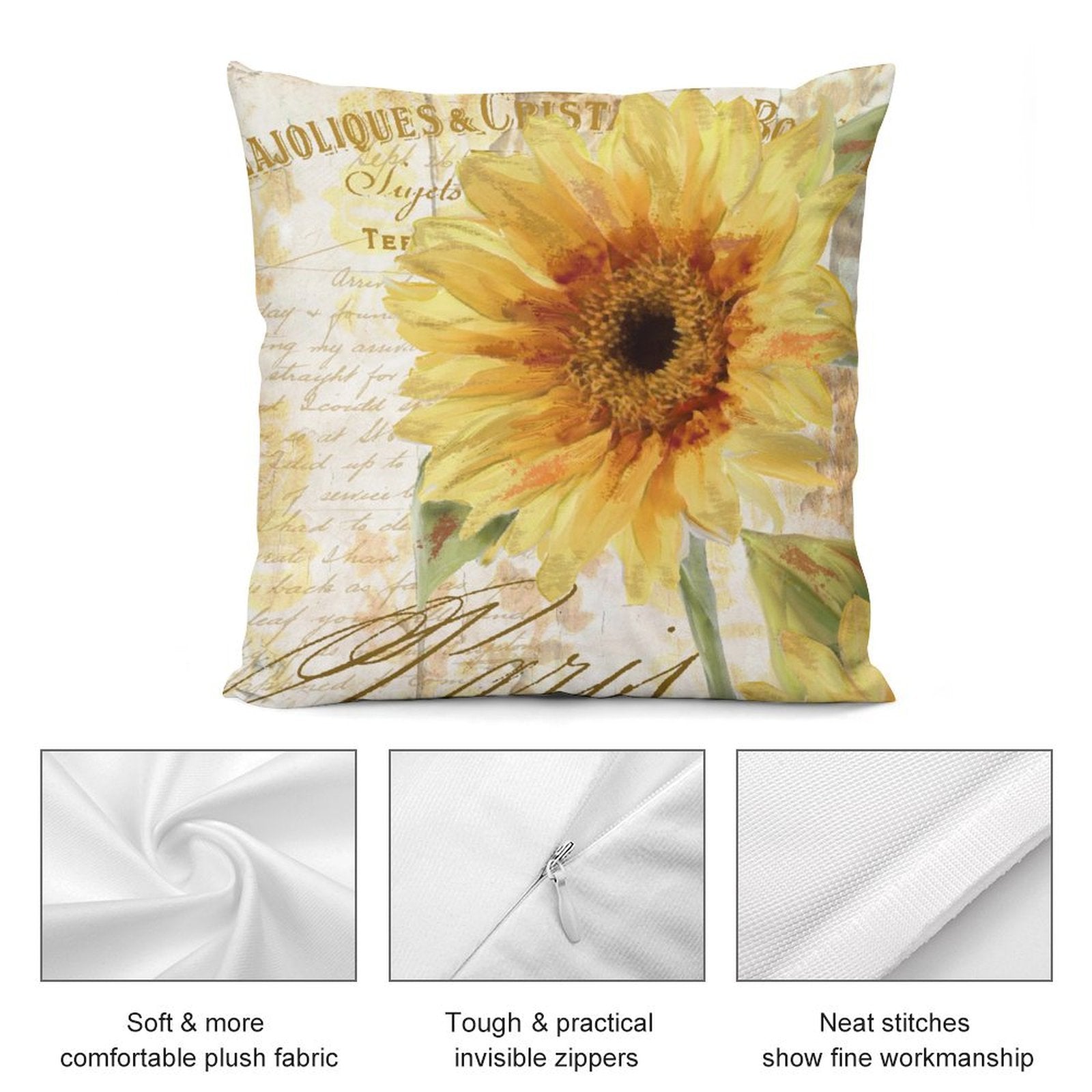 Sunflower pillow cover with soft plush fabric and vintage French text design for sofa or couch decor