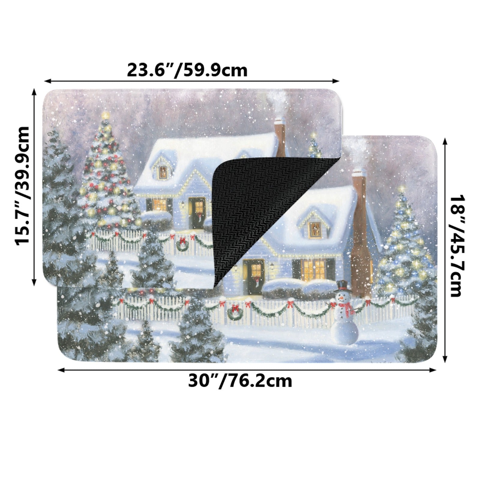 Christmas door mat with snowy winter house and tree scene; suitable for indoor/outdoor use