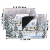 Christmas door mat with snowy winter house and tree scene; suitable for indoor/outdoor use