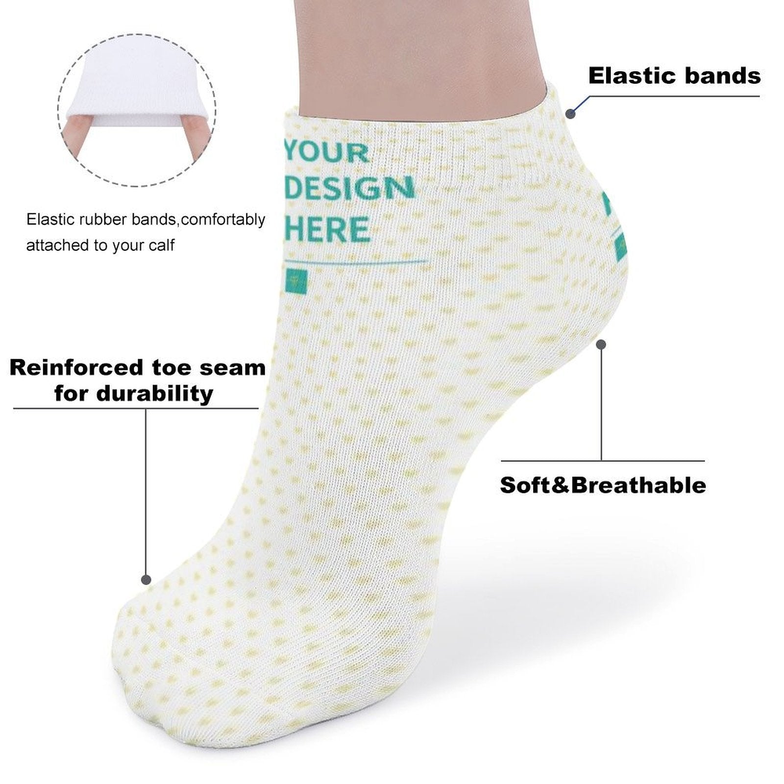 Customizable personalized socks with 'YOUR DESIGN HERE' text, soft and breathable polyester material.