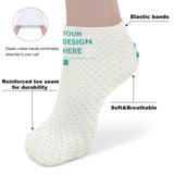 Customizable personalized socks with 'YOUR DESIGN HERE' text, soft and breathable polyester material.