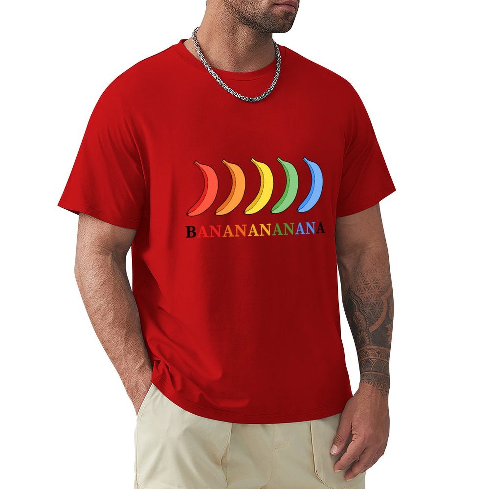 Men's red t-shirt with colorful banana graphic. Classic cotton tee with round neck. MyArtsyGift design
