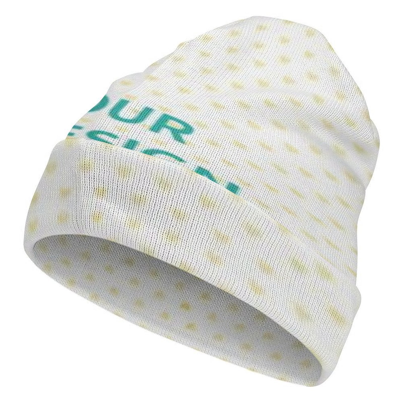 Custom white beanie with green "UR" design, a personalized knitted hat for men and women, great for gifts