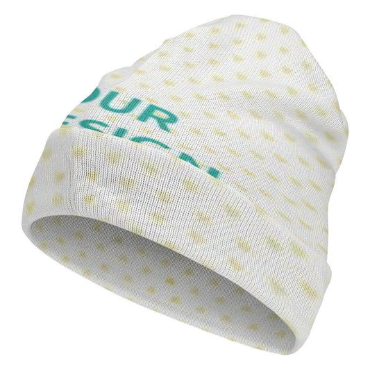 Custom white beanie with green "UR" design, a personalized knitted hat for men and women, great for gifts