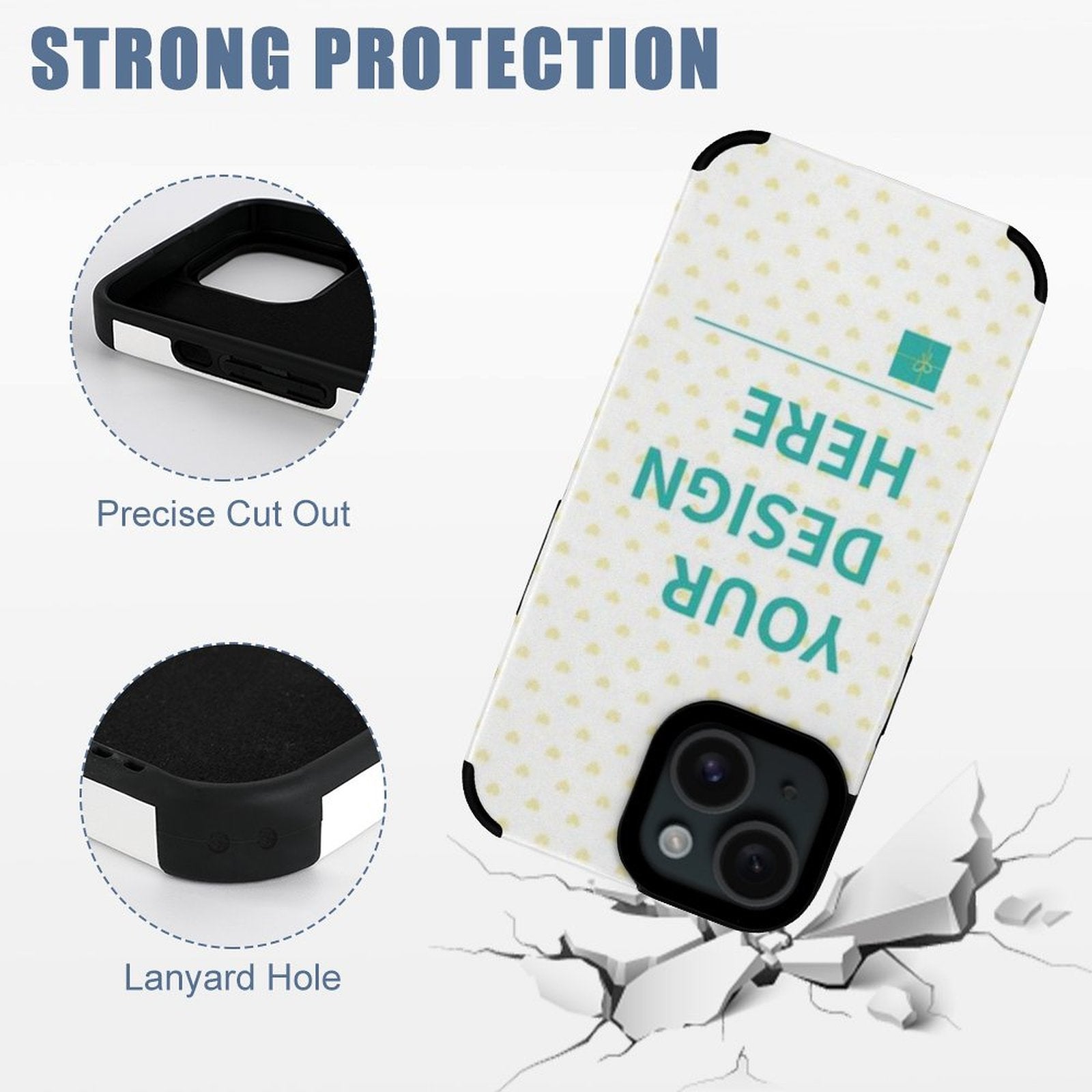 Custom iPhone 15 case with "YOUR DESIGN HERE" design, fiber leather, precise cutouts, and anti-scratch protection