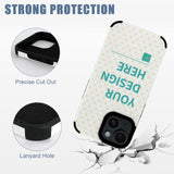 Custom iPhone 15 case with "YOUR DESIGN HERE" design, fiber leather, precise cutouts, and anti-scratch protection