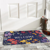 Butterfly and floral welcome door mat, dark blue with floral design, suitable for indoor and outdoor use.