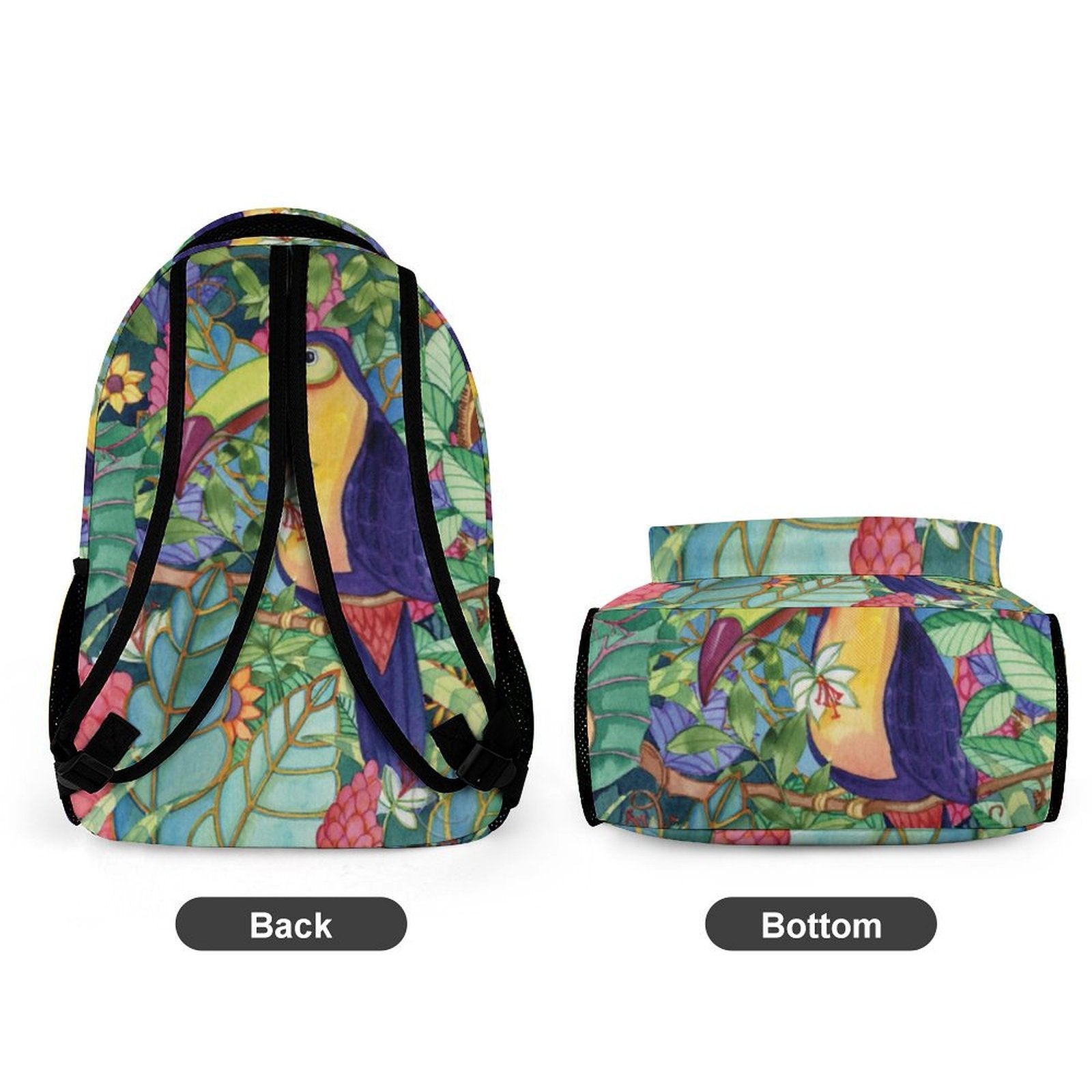 Kids' toucan school backpack, twill fabric, tropical design, MyArtsyGift.com, durable, easy to clean