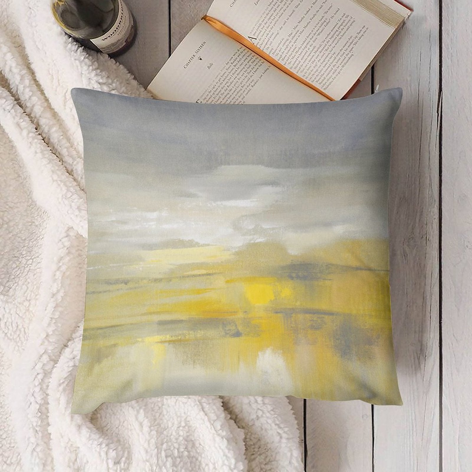 Abstract landscape pillow cover, soft plush fabric in yellow and gray, perfect for sofa or couch; from MyArtsyGift.