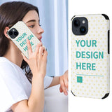 Custom iPhone 14 case with 'YOUR DESIGN HERE' design, anti-scratch fiber leather, personalized phone case.