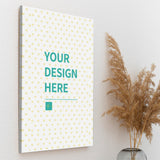 Custom canvas print mockup with "YOUR DESIGN HERE" text, personalized wall art, heart pattern background on canvas