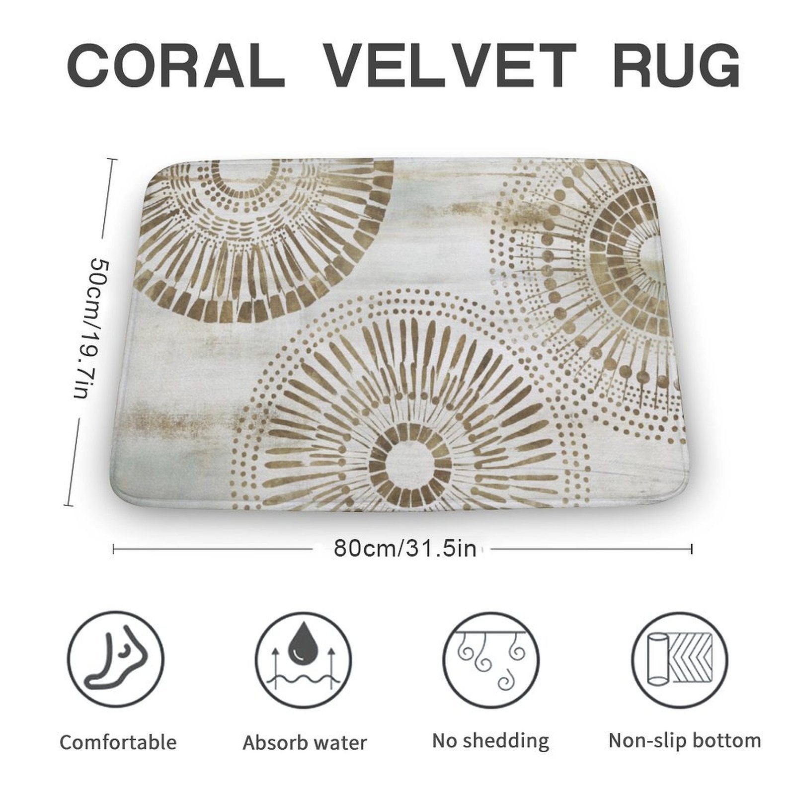 Coral velvet bathroom rug with mandala design, non-slip, absorbent, and no shedding, 80cm x 50cm.