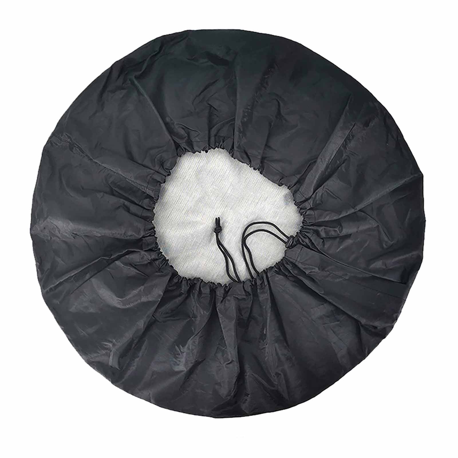 Black tire cover for RV, SUV, and other vehicles. Waterproof, with drawstring closure for protection and long-lasting use.