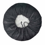 Black tire cover for RV, SUV, and other vehicles. Waterproof, with drawstring closure for protection and long-lasting use.