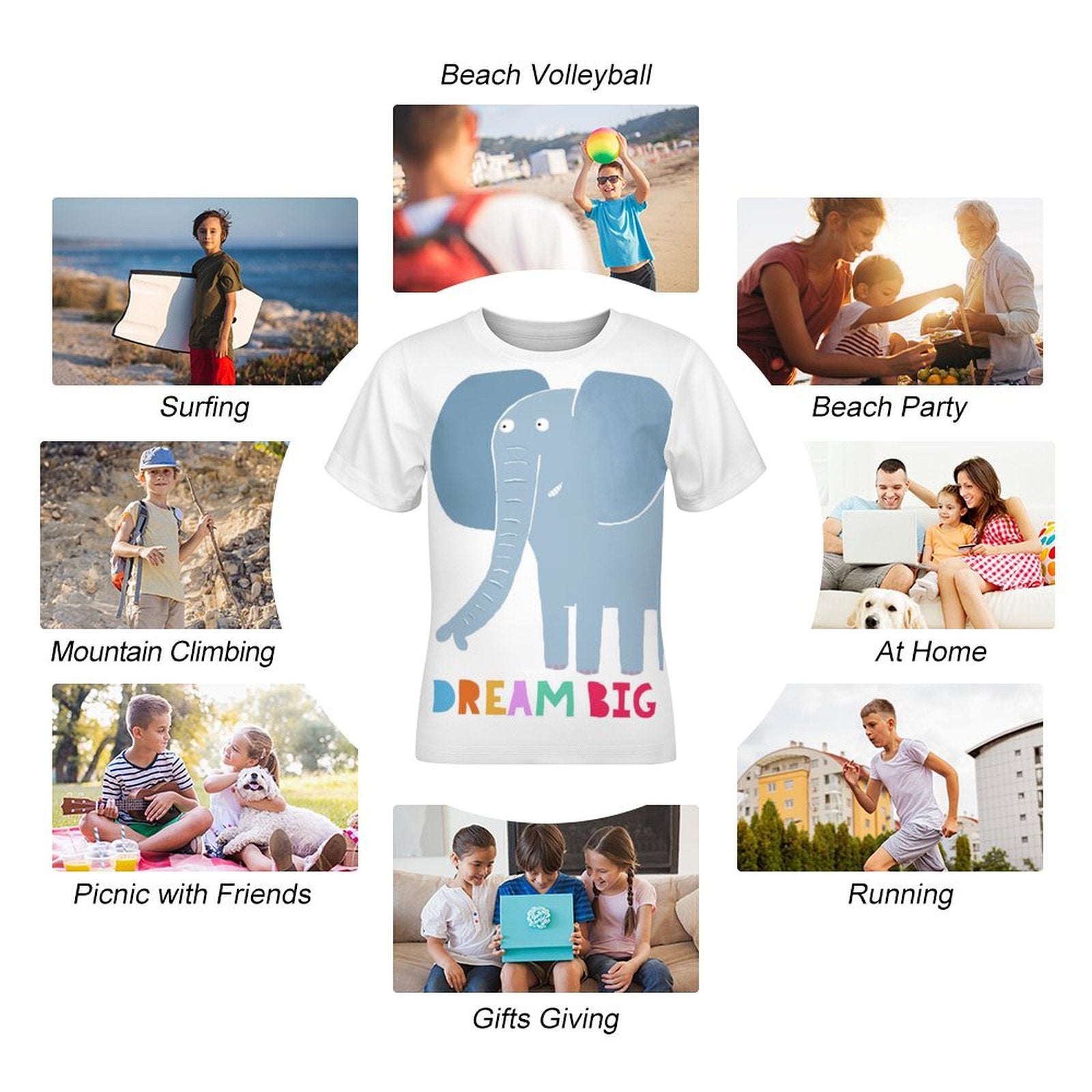 Kids' white t-shirt with blue elephant design and DREAM BIG text, suitable for summer.