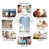 Kids' white t-shirt with blue elephant design and DREAM BIG text, suitable for summer.