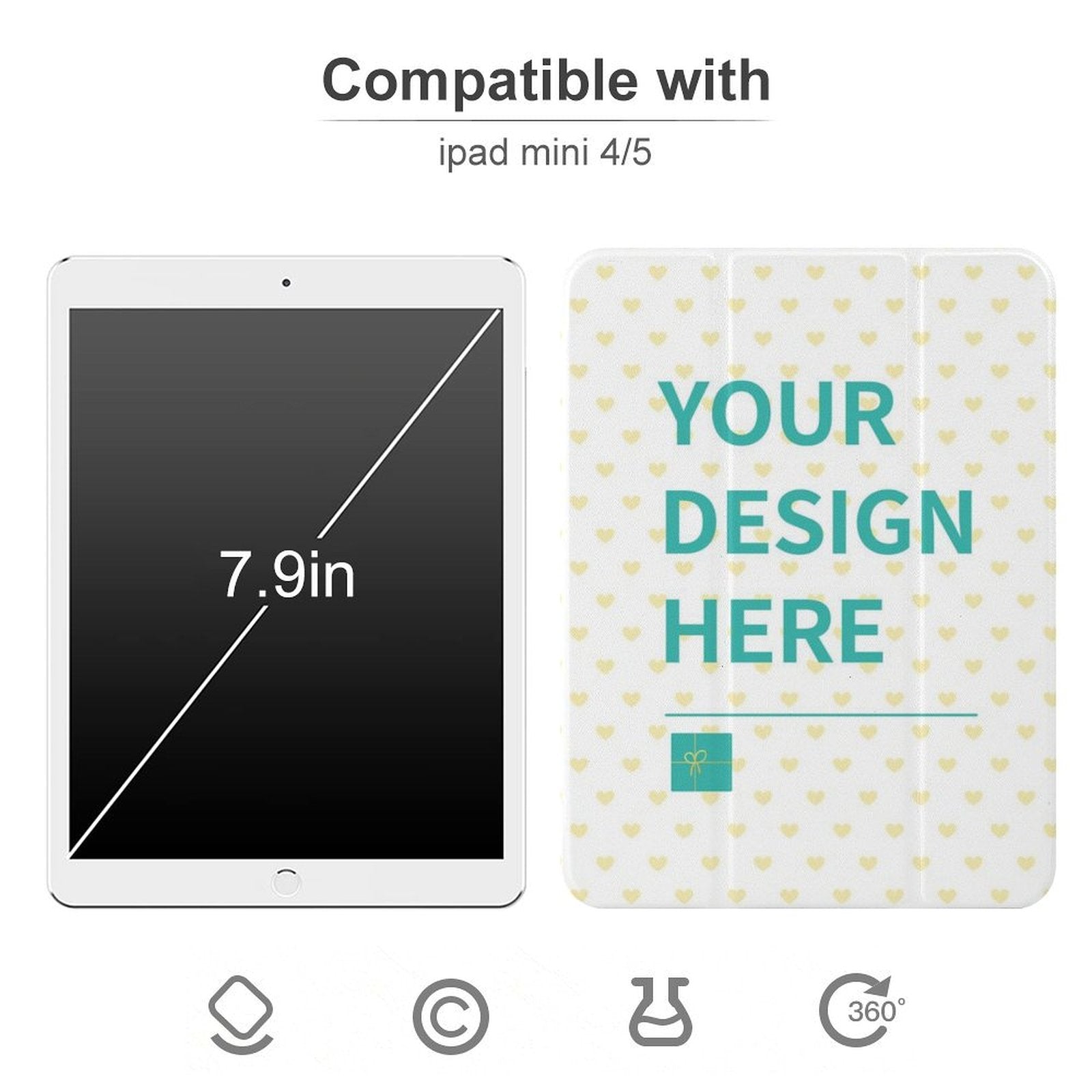 Custom iPad mini 4/5 case with "YOUR DESIGN HERE" text, personalized photo, protective leather cover.