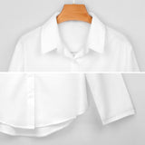 White cropped hem polyester shirt for women, featuring collar and sleeve details from MyArtsyGift