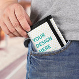 Personalized trifold wallet with 'YOUR DESIGN HERE' design, polyester material, in a pocket.