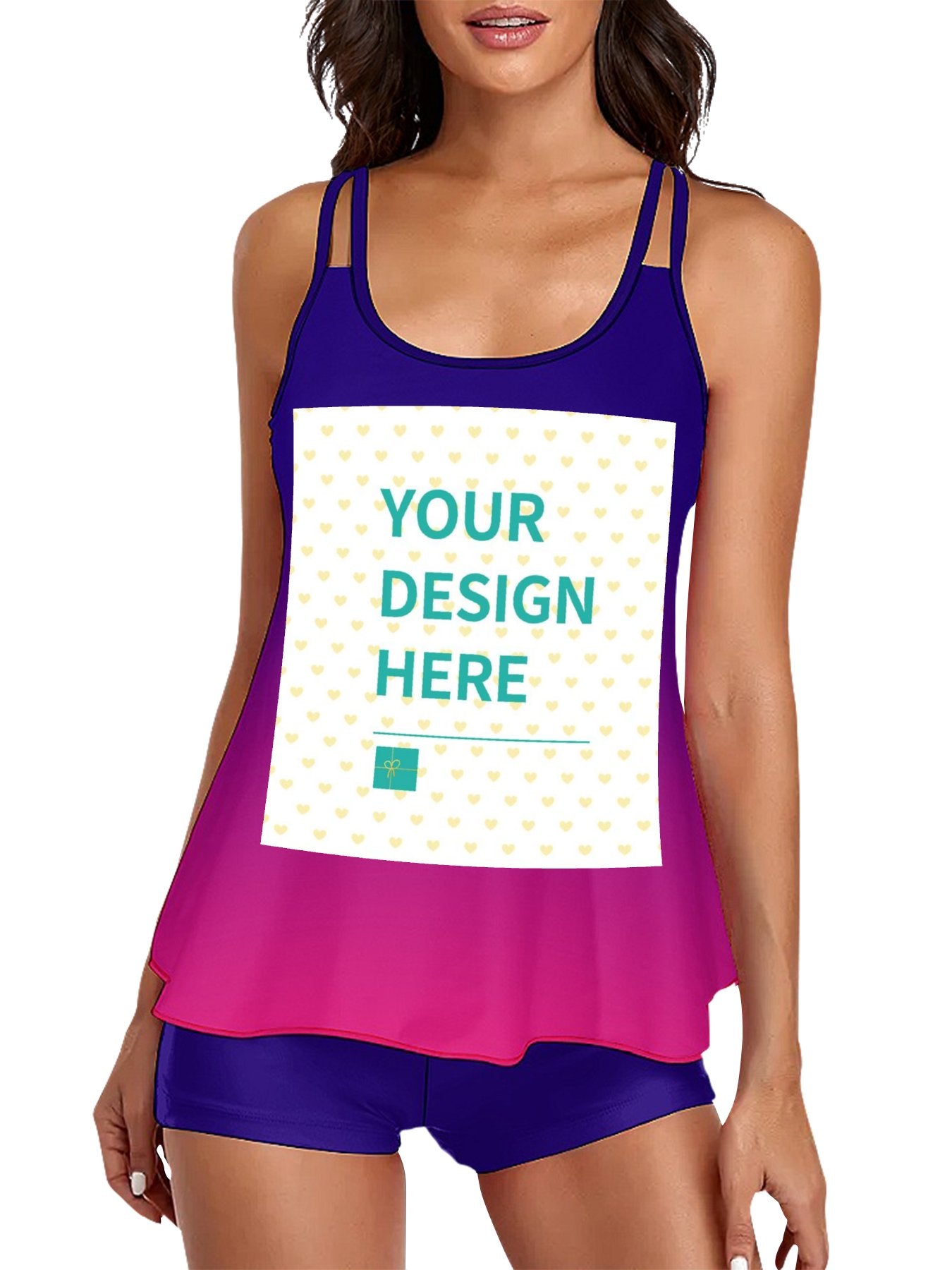 Customizable tankini swimsuit with 'YOUR DESIGN HERE', perfect for beaches and vacations, women's swimwear