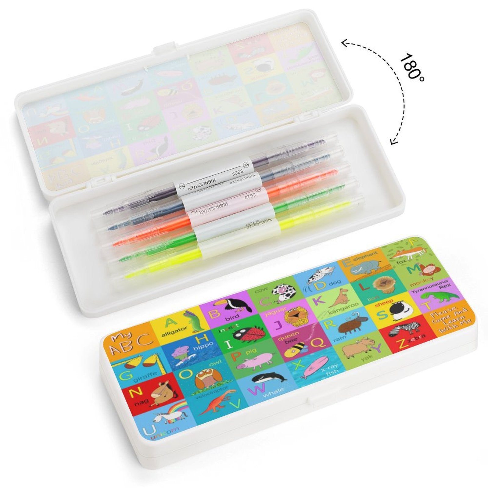 ABC kids pencil box with animal illustrations. Highlighters inside. Durable, suitable for school and office use.