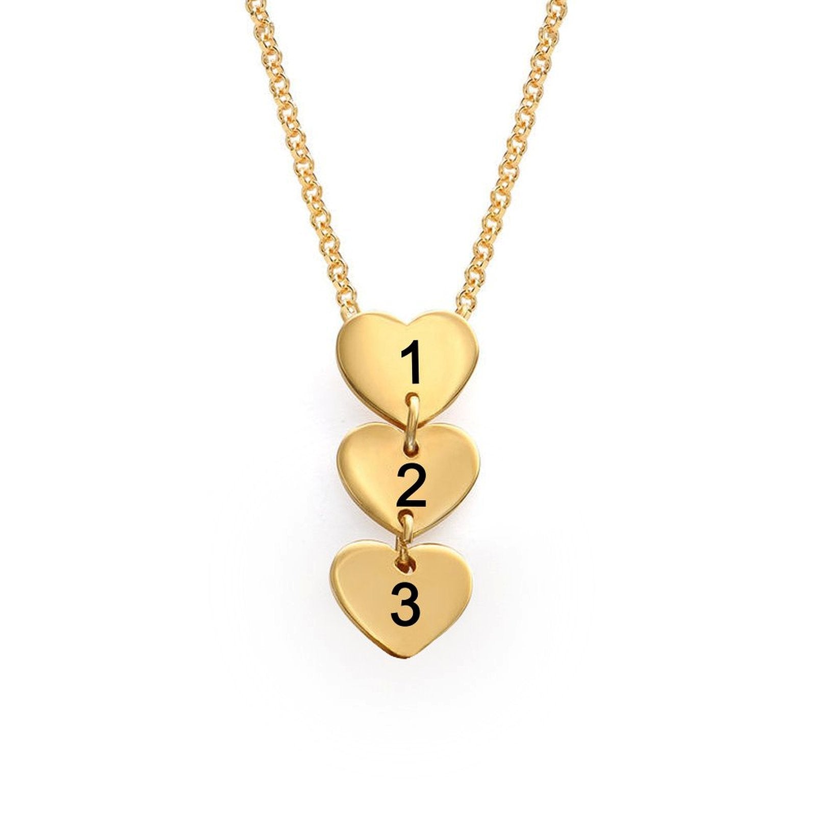 Gold heart pendant necklace with custom numbers 1, 2, 3. Personalized chain necklace from MyArtsyGift