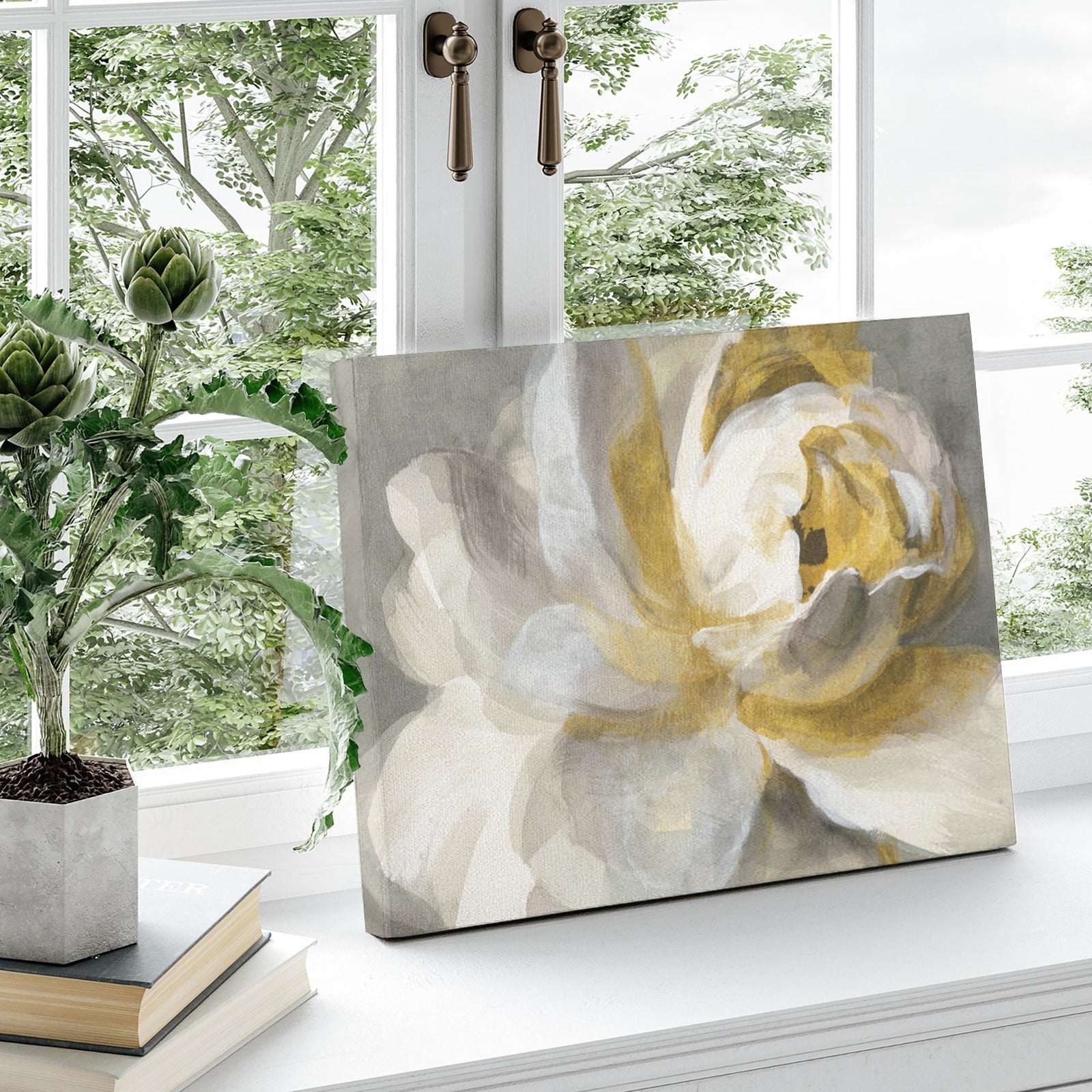 Abstract Rose Gold Canvas Print featuring white and gold flower wall decor