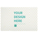 Customizable area rug with repeating yellow hearts pattern and "YOUR DESIGN HERE" text.