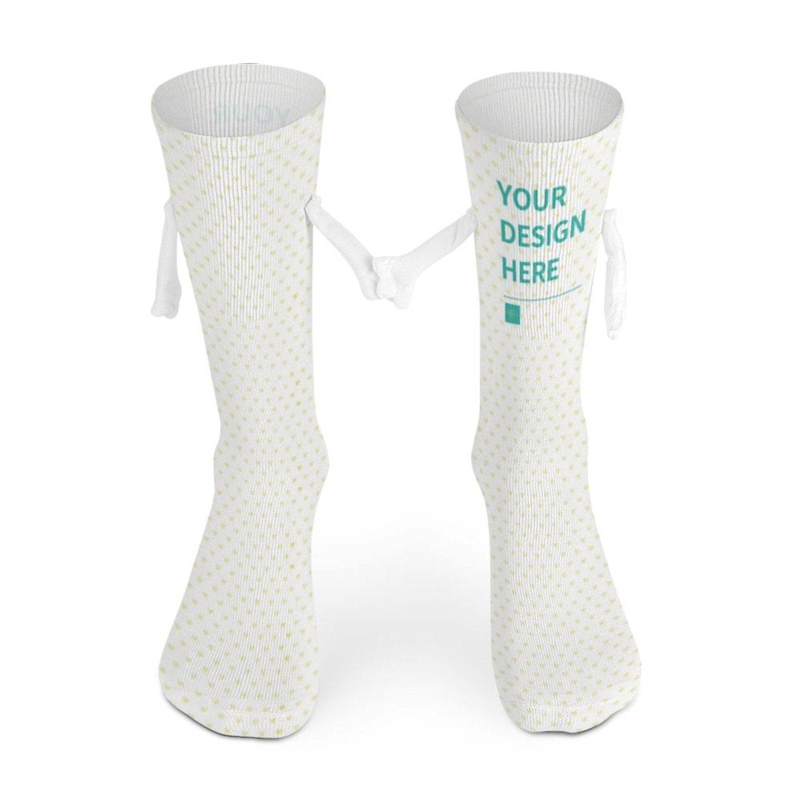 Custom holding hands socks with 'YOUR DESIGN HERE' text, perfect gift for couples and friends